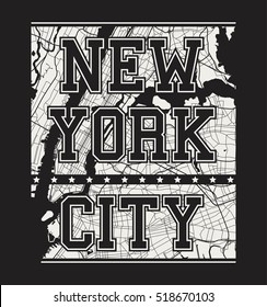 New York tee print with city streets. T-shirt design, graphics, stamp, label, typography.