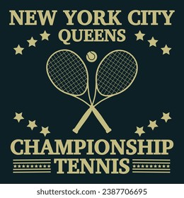 New York tennis championship t-shirt design. Tee shirt and apparel print in style with tennis racquet, tennis ball.