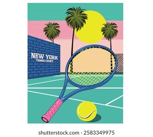 New york tennis club artwork for t shirt, posters, stickers, background and others. Tennis champions team. Athletic club art. Palm tree vector design. Tennis court graphic design.