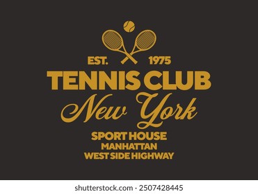 Logo del Nuevo Club de Tenis de York. Estampado de Antiguas para camiseta. Diseño Hipster de moda. Ilustración vectorial