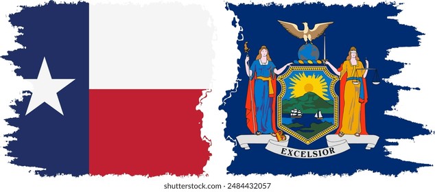 New York and Texas states grunge brush flags connection, vector