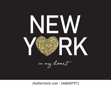 New York Text with Gold Sequin Heart