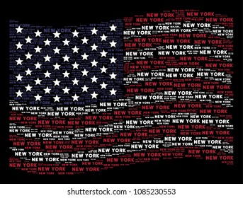 New York text items are grouped into waving USA flag abstraction on a dark background. Vector composition of American state flag is done of New York text elements.