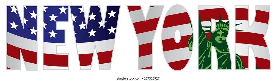 New York Text Silhouette with Statue of Liberty and US American Flag Background Inside Outline Color Vector Illustration