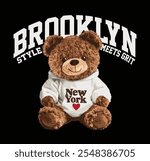 New York themed teddy bear vector illustration.Teddy bear vector hand drawn illustration cute print design for kids.College themed, cute animal graphic print for textiles. Teddy bear graphic.