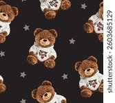 New York themed teddy bear vector illustration.Teddy bear vector hand drawn illustration cute print design for kids.College themed, cute animal graphic print for textiles. Teddy bear black pattern