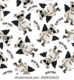 New York themed teddy bear vector pattern.Teddy bear vector hand drawn illustration cute print design for kids.College themed, cute animal graphic print for textiles. Teddy bear pattern.