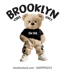 New York themed teddy bear vector illustration.Teddy bear vector hand drawn illustration cute print design for kids.College themed, cute animal graphic print for textiles. Teddy bear graphic.