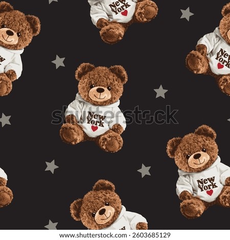New York themed teddy bear vector illustration.Teddy bear vector hand drawn illustration cute print design for kids.College themed, cute animal graphic print for textiles. Teddy bear black pattern