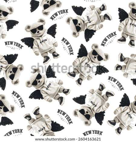 New York themed teddy bear vector pattern.Teddy bear vector hand drawn illustration cute print design for kids.College themed, cute animal graphic print for textiles. Teddy bear pattern.