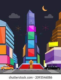 New York Time Squre con coloridos anuncios pantalla en la construcción de ilustración nocturna vector de dibujos animados Vector de stock