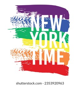 New York Times. Design for a t-shirt with capital letters on brushstrokes with the colors of the rainbow. Vector illustration good for gay pride day.