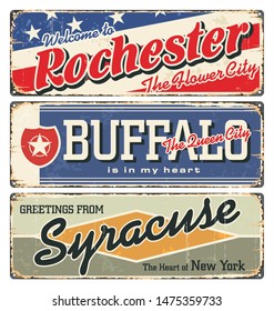 New York tin enamel sign. Vintage city label. Vintage tin sign collection with US cities. Rochester. Buffalo.Syracuse. Retro souvenirs or postcard templates on rust background from New York state.