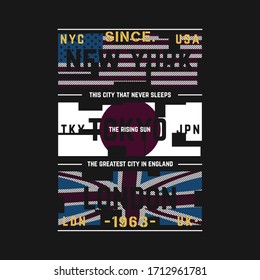 new york tokyo london with flag background abstract graphic design vector for casual mens wear t shirt