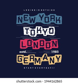 new york, tokyo, london, germany lettering graphic t shirt design vector