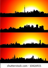 New York, Toronto, Hong Kong, Shanghai Skyline with Sunset.