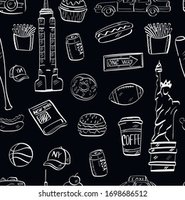 New york, travel, fashion vector chalk seamless pattern on black background. Concept for wallpaper, wrapping paper , cards 