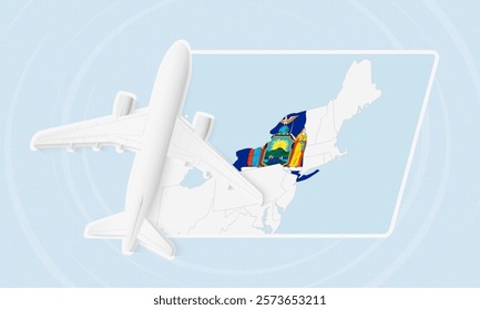 New York Travel Illustration with Plane and National Flag. Ideal for travel agencies, promotional materials, or geographic content related to New York.