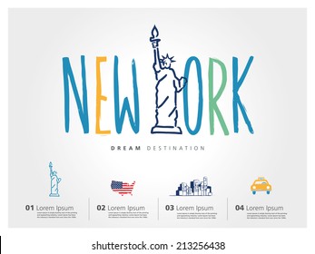 New York travel set, Statue of Liberty, typography