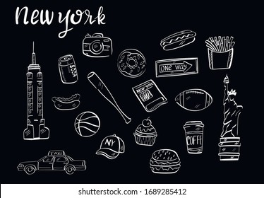 New york, travel vector chalk isolated on black background. Concept for logo, icon, print, menu 