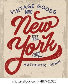 Diseño de camisetas de Nueva York. Moda de ropa. Gráficos de tee con letras antiguas. Composición tipográfica personalizada. Afiche de arte artesanal.