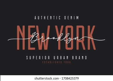New York t-shirt design. Brooklyn vintage denim tee shirt. Typography graphic for apparel print. Vector illustration.