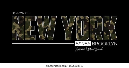 New York t-shirt design with knitted camouflage texture. Typography graphics for Brooklyn tee shirt in military and army style with knit camo. Vector illustration.