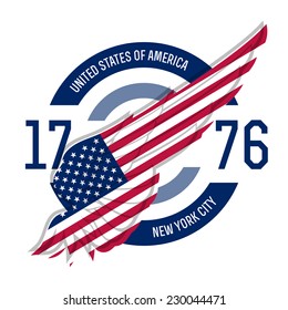 New york t-shirt design. Tee templates with wing and USA flag colors and symbols. America t-shirt vector graphics.