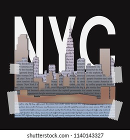 New York t-shirt fashion print on black background. Paper cut art pattern with lettering, newspaper page and adhesive tape for tshirt and apparel graphics, poster, postcard and souvenir production.