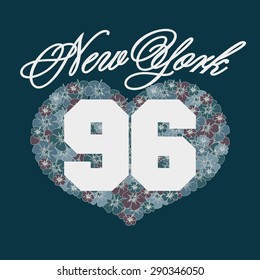 New York T-shirt Numbers with floral heart. New York T-shirt design print, New York City Typography Graphics, New-York jersey print  USA, New York tee stamp, New York Fashion Typography Graphics. 