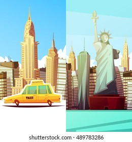 New york two vertical banners in cartoon style with manhattan landmarks skylines yellow taxi car flat vector illustration  svg