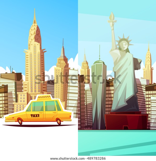 New\
york two vertical banners in cartoon style with manhattan landmarks\
skylines yellow taxi car flat vector illustration\
