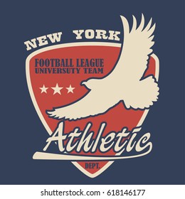 New York typography with eagle. Football t-shirts graphics. Design of University team clothes. Vector illustration.