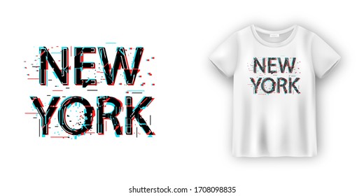 New York typography in glitch vhs effect for t-shirt. Apparel abstract poster. Modern print. Cyberpunk style vector illustration