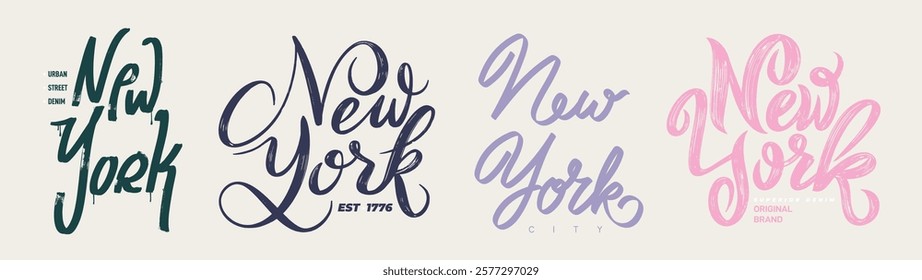 New York typography Handmade brush stroke. Color lettering emblem set. Design typography Graphics, New-York. College jersey print USA vector art. New York College t-shirt design print, New York City.