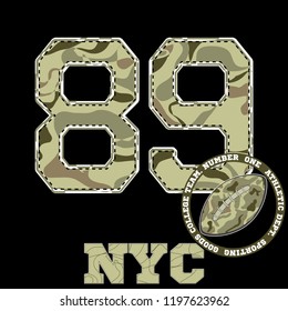 New York typography for sport pattern with a number on the t-shirt print. Creative graphic design for print poster, banner, flyer, postcard. Vector illustration.