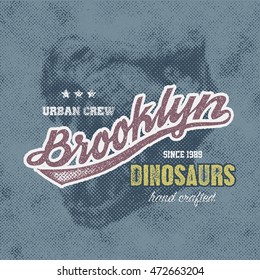 New York typography, t-shirt graphics with trex face, vector illustration