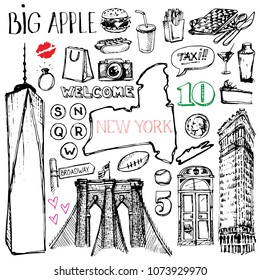 New York, United states of America set of sketch doodle travel symbols of city such as world trade center, Brooklyn bridge, Flat iron building, fast food and more