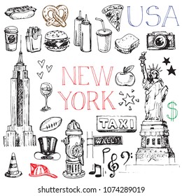 New York, United States Of America Set Of Sketch Doodle Travel Symbols Of City Such As American Flag, Statue Of Liberty, Apple, Empire State Building And More