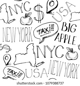 New York, United states of America pattern set of sketch doodle travel symbols of city such as big apple, taxi, dollar, NYC lettering etc.