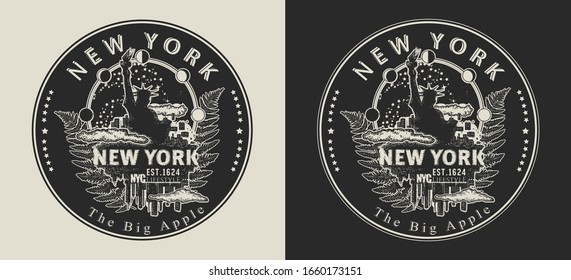 New York. United States of America (USA). The big apple slogan. Travel and tourism concept. Template for clothes, t-shirt design. Vector illustration 