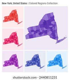 New York, United States. Map collection. State shape. Colored counties. Deep Purple, Red, Pink, Purple, Indigo, Blue color palettes. Border of New York with counties. Vector illustration.