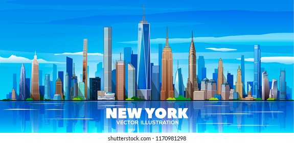 New York ( United states ) skyline with panorama in sky background. Vector Illustration. Business travel and tourism concept with modern buildings. Image for presentation, banner, web site. svg