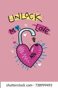 new york unlock my love,t-shirt print poster vector textile girl fashion illustration