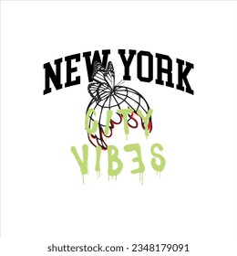 New york urban college with butterfly and typography for t-shirt.Collegiate Slogan tee shirt, sport apparel print. NY vintage graphics. Vector illustration.