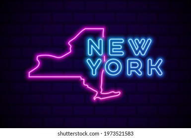 new york US state glowing neon lamp sign Realistic vector illustration Blue brick wall glow