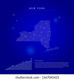 New York US state illuminated map with glowing dots. Infographics elements. Dark blue space background. Vector illustration. Growing chart, lorem ipsum text.