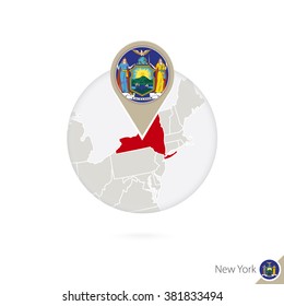 New York US State map and flag in circle. Map of New York, New York flag pin. Map of New York in the style of the globe. Vector Illustration.