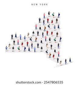 New York US state population map. Large group of realistic a diverse crowd of people figures. Flat vector illustration isolated on white.