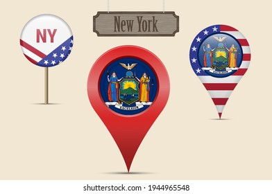 US-amerikanische Staatsflagge in New York. Kartenstift, roter Kartenmarker, Ortszeiger. Holzschild im Vintage-Stil. Vektorgrafik. Amerikanische Sterne und Streifen Flagge. Zweibuchstabige Abkürzung.
